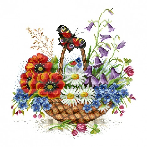 Flower Basket With Butterflies - 14CT Stamped Cross Stitch - 33x34cm