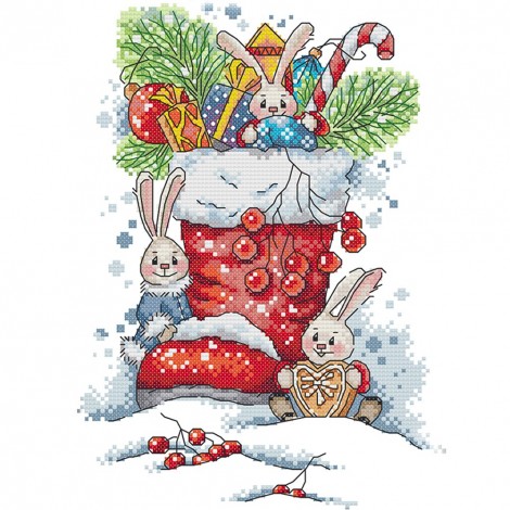 Bunny In Christmas Boots - 14CT Stamped Cross Stitch - 21x31cm