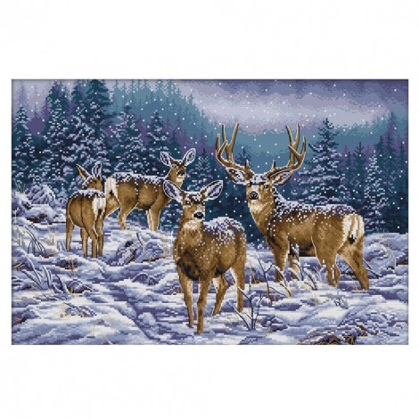 Winter Deer Group 14CT Stamp Cotton Thread Cross Stitch Needlework (DA267)