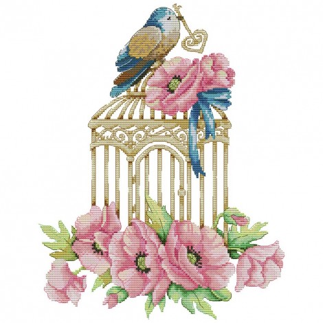 Bird cage and Flowers - 14CT Stamped Cross Stitch - 32x40cm