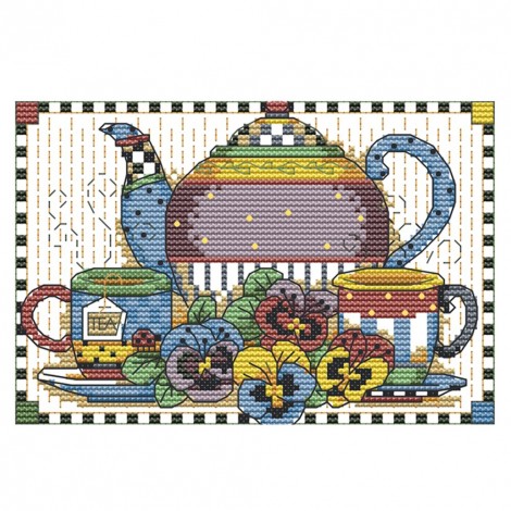 Tea Set - 14CT Stamped Cross Stitch - 21x16cm