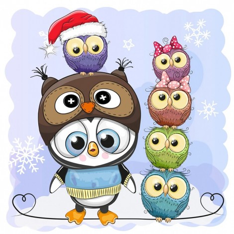 Owl and Penguin - Full Round Diamond - 30x30cm