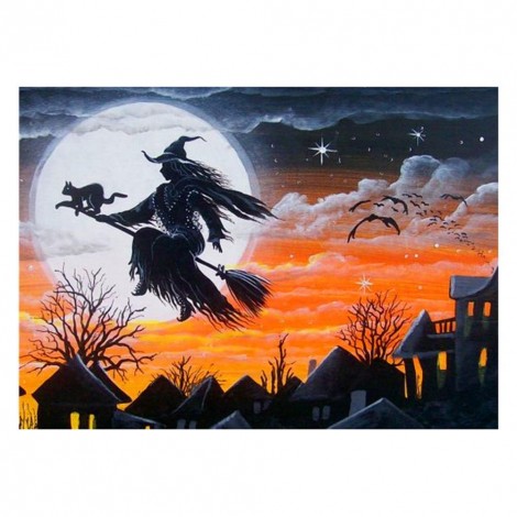 Halloween Cat Witch - Full Round Diamond - 30x40cm