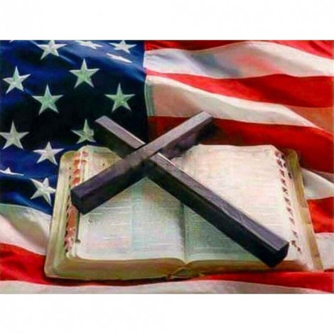 US Flag Cross Bible - Full Round Diamond - 40x30cm
