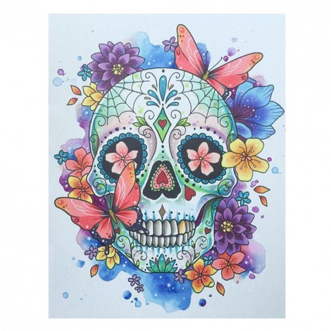 Flowers Skull - Full Round Diamond - 30x25cm