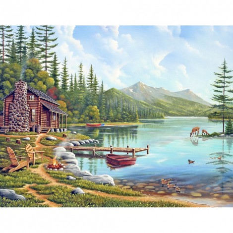 Wood House by Lake - Full Round Diamond - 50x40cm