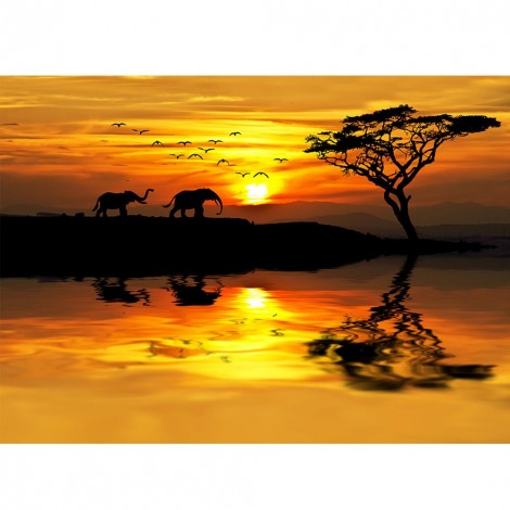 Dusk And Elephant - Full Round Diamond - 40*30cm