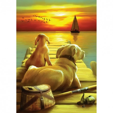 Sunset Over Sailing Boat And Dog - Full Round Diamond - 30*40cm