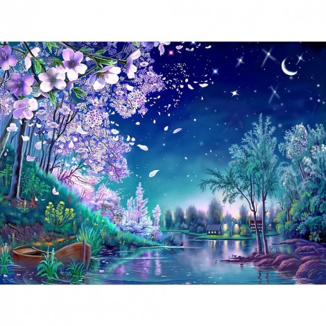 Cherry Blossom Night Scene - Full Square Diamond - 50x40cm